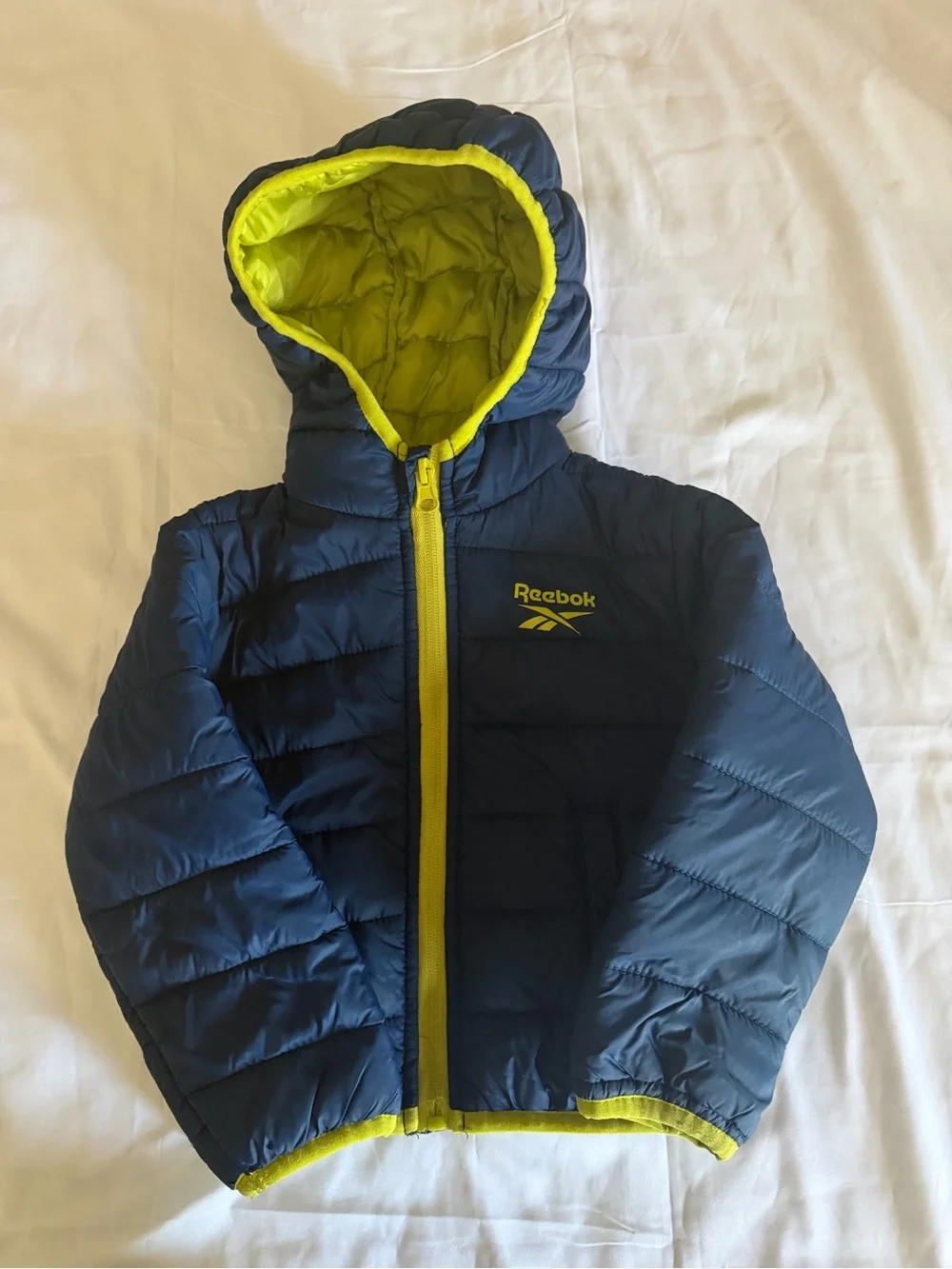 Reebok Kids Puffer Jacket in Navy and Lime Green